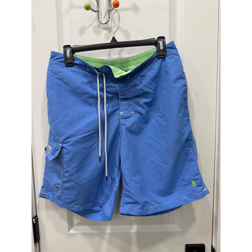 Polo Ralph Lauren Mens Blue Swim Trunks Cargo Pocket Lime Green Pony Size M